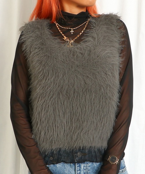 GORGE(ゴージ)の「前後2wayファーベスト(ベスト・レディース・ライトグレー/チャコールグレー/アイボリー・F)」の2枚目の写真