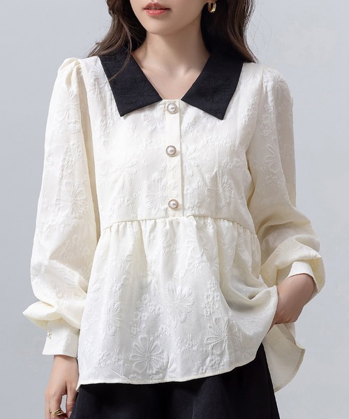 DAY CLOSET(デイ クローゼット)の「レディース 長袖スエンボス加工ペプラムブラウス(シャツ/ブラウス・レディース・ブラック/アイボリー・FREE)」の1枚目の写真