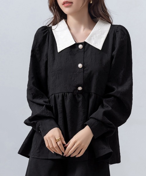 DAY CLOSET(デイ クローゼット)の「レディース 長袖スエンボス加工ペプラムブラウス(シャツ/ブラウス・レディース・ブラック/アイボリー・FREE)」の2枚目の写真