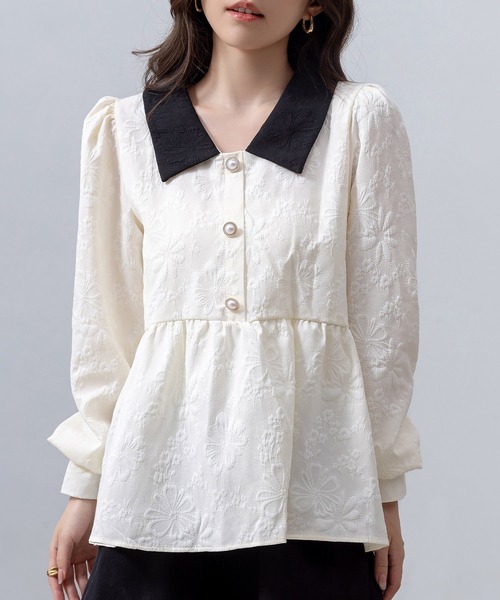 DAY CLOSET(デイ クローゼット)の「レディース 長袖スエンボス加工ペプラムブラウス(シャツ/ブラウス・レディース・ブラック/アイボリー・FREE)」の3枚目の写真