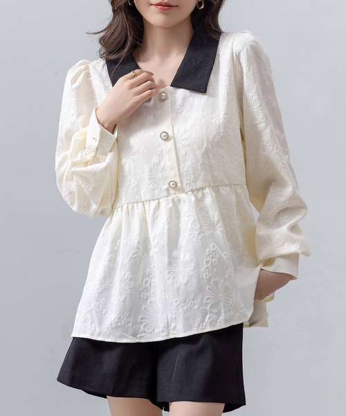 DAY CLOSET(デイ クローゼット)の「レディース 長袖スエンボス加工ペプラムブラウス(シャツ/ブラウス・レディース・ブラック/アイボリー・FREE)」の4枚目の写真