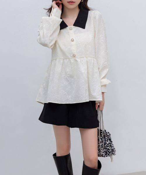 DAY CLOSET(デイ クローゼット)の「レディース 長袖スエンボス加工ペプラムブラウス(シャツ/ブラウス・レディース・ブラック/アイボリー・FREE)」の5枚目の写真