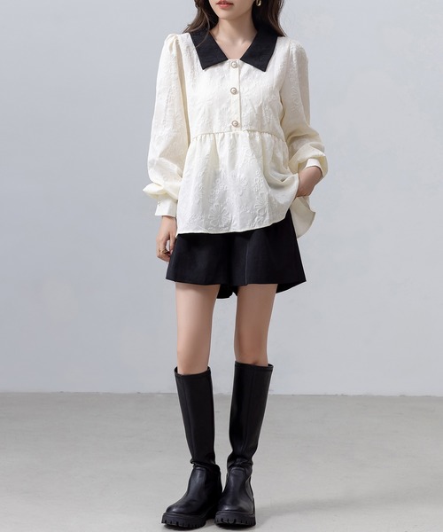 DAY CLOSET(デイ クローゼット)の「レディース 長袖スエンボス加工ペプラムブラウス(シャツ/ブラウス・レディース・ブラック/アイボリー・FREE)」の7枚目の写真