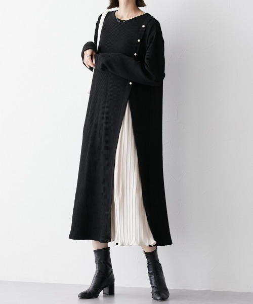 nissen（ニッセン）の「ふんわりリブニットソープリーツ切替ワンピース（ワンピース・レディース・ブラック/モカ・S/3L/M/L/LL）」の2枚目の写真