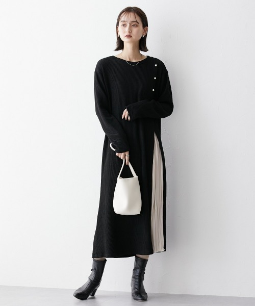 nissen（ニッセン）の「ふんわりリブニットソープリーツ切替ワンピース（ワンピース・レディース・ブラック/モカ・S/3L/M/L/LL）」の3枚目の写真