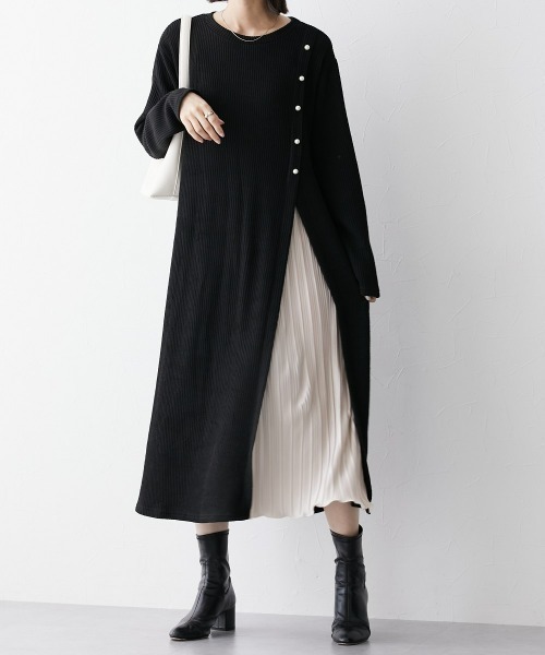 nissen（ニッセン）の「ふんわりリブニットソープリーツ切替ワンピース（ワンピース・レディース・ブラック/モカ・S/3L/M/L/LL）」の4枚目の写真