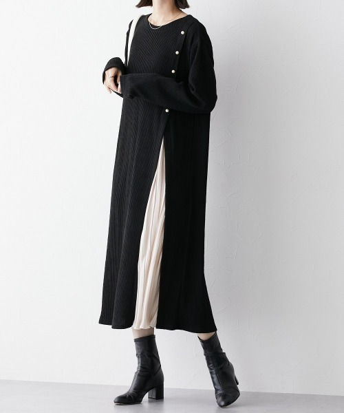 nissen（ニッセン）の「ふんわりリブニットソープリーツ切替ワンピース（ワンピース・レディース・ブラック/モカ・S/3L/M/L/LL）」の5枚目の写真