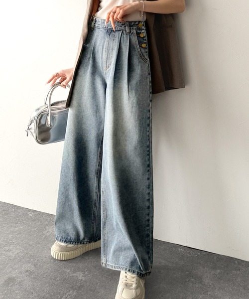 韓国 ストリート スタイル ワイド デニム ベルシー Belle Cie カーブパンツ ワイド ストレート カーゴ