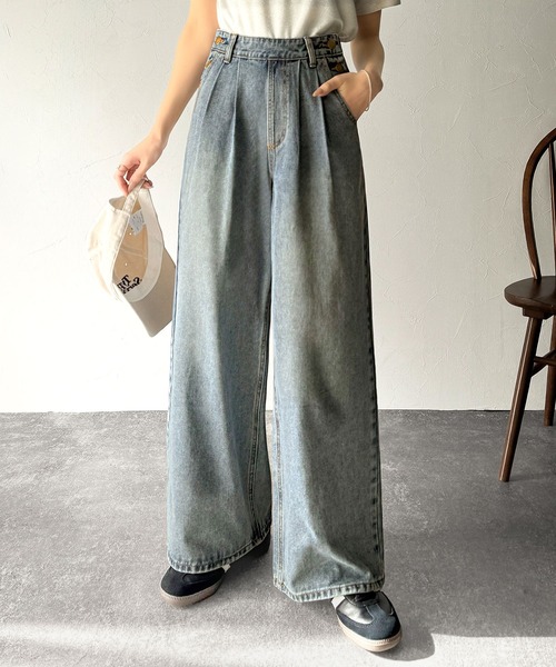 DOZE DANDY*日本未*クラシック リップド ワイドレッグ デニム セール】スタイルアップと抜け感叶う。サイドボタン2タック