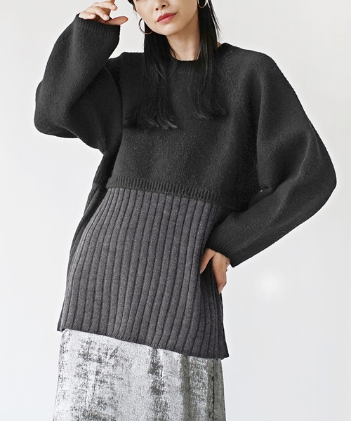 zootie（ズーティー）の「レイヤード バックリボン チュニックニット（ニット/セーター・レディース・杢グレー/ブラック/アイボリー・M）」の2枚目の写真