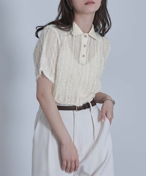miette(ミエット)の「シアーフリンジポロトップス(Tシャツ/カットソー・レディース・アイボリー/ブラック/ライトブルー・FREE)」の2枚目の写真