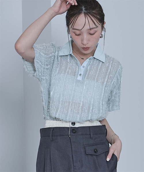 miette(ミエット)の「シアーフリンジポロトップス(Tシャツ/カットソー・レディース・アイボリー/ブラック/ライトブルー・FREE)」の3枚目の写真