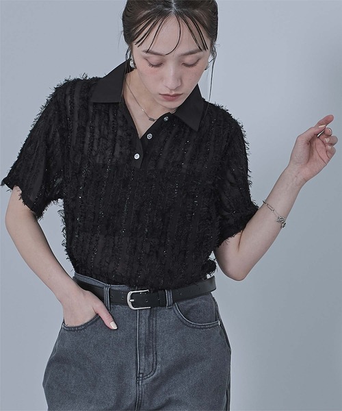 miette(ミエット)の「シアーフリンジポロトップス(Tシャツ/カットソー・レディース・アイボリー/ブラック/ライトブルー・FREE)」の1枚目の写真