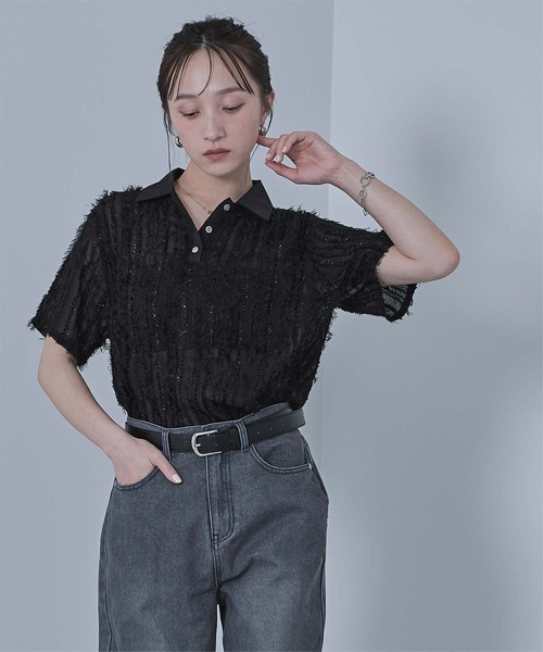 miette(ミエット)の「シアーフリンジポロトップス(Tシャツ/カットソー・レディース・アイボリー/ブラック/ライトブルー・FREE)」の14枚目の写真