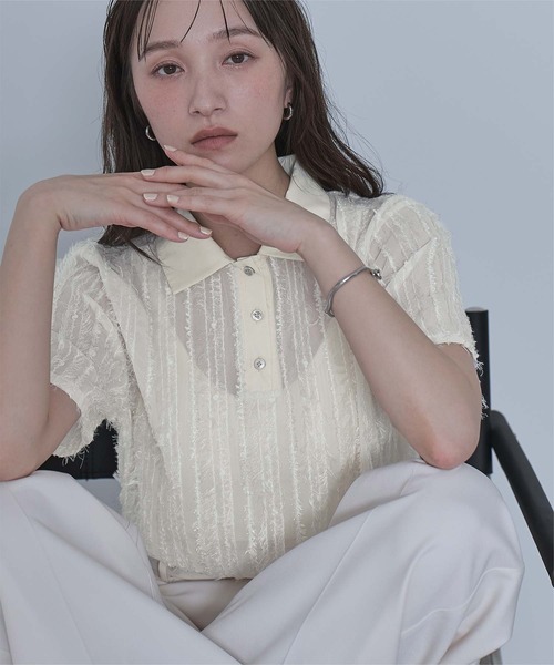 miette(ミエット)の「シアーフリンジポロトップス(Tシャツ/カットソー・レディース・アイボリー/ブラック/ライトブルー・FREE)」の19枚目の写真