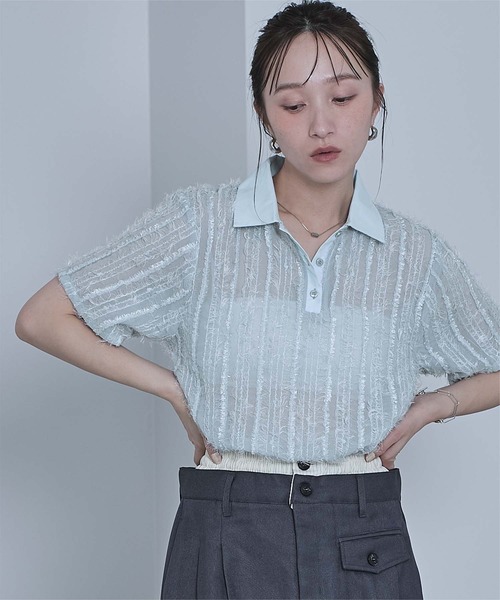miette(ミエット)の「シアーフリンジポロトップス(Tシャツ/カットソー・レディース・アイボリー/ブラック/ライトブルー・FREE)」の9枚目の写真