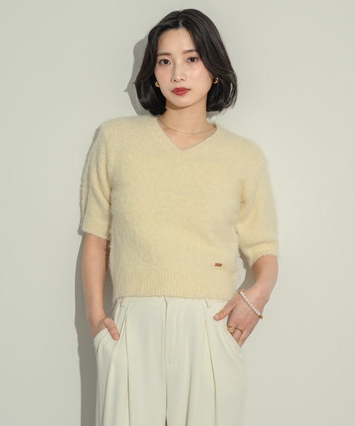 美品 ドゥロワー 定価5万 2021SS 18GコットンVネックフリルニット Drawer（ドゥロワー）の「Drawer 18GコットンVネックフリル