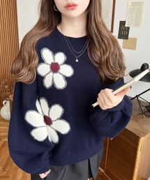 花モチーフ ニットセーター 黒 ネイビー 楽天市場】フラワーモチーフ（カラーネイビー）（ニット