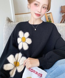 ☆1点もの☆レオナール ニット 花柄 ボタニカル シルク混 上品 品格 黒×紺. LEONARD 美品◎正規 日本製 FASHION レオナール 0349128