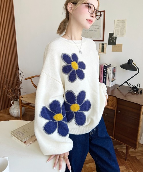 タグ付き新品 エリザ お花モチーフニット ネイビー M セール】【累計販売枚数1万枚突破！】 ミックスカラーフラワー