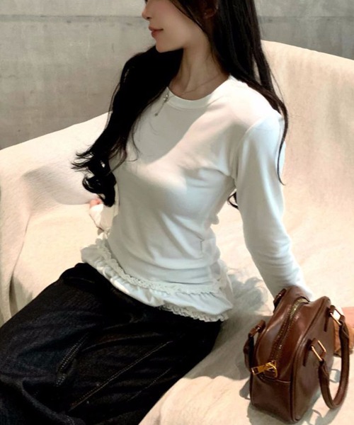 MILAE(ミレ)の「裾フリルギャザー長袖トップス(Tシャツ/カットソー・レディース・グレー/ホワイト・L/M)」の5枚目の写真