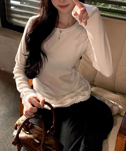 MILAE(ミレ)の「裾フリルギャザー長袖トップス(Tシャツ/カットソー・レディース・グレー/ホワイト・L/M)」の8枚目の写真