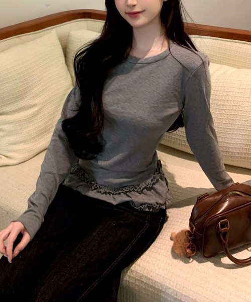 MILAE(ミレ)の「裾フリルギャザー長袖トップス(Tシャツ/カットソー・レディース・グレー/ホワイト・L/M)」の9枚目の写真
