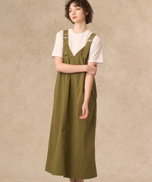 WOMEN'S C/N TYPEWRITER V-NECK OVERALLS SKIRT（スカート