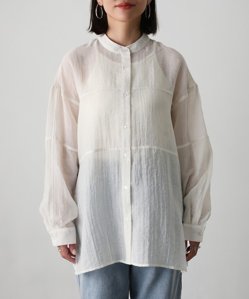 Floran（フローラン）の「シアーバンドカラーシャツ（シャツ/ブラウス・レディース・アイボリー/ブルー/ブラック・MEDIUM）」の7枚目の写真