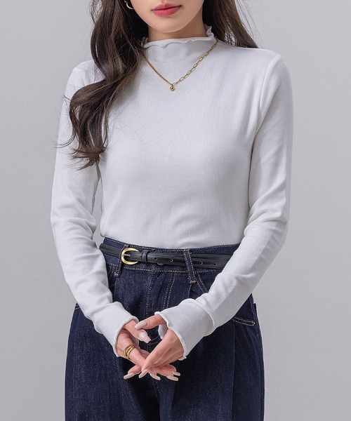 DAY CLOSET（デイ クローゼット）の「【柔らかな肌さわり】長袖 シアー ステッチ×メロウフリル ハイネック リブ トップス rレディース（シャツ/ブラウス・レディース・ブラック/ホワイト/レッド/グレー/ピンク・M/L）」の2枚目の写真