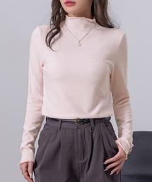 【柔らかな肌さわり】長袖 シアー ステッチ×メロウフリル ハイネック リブ トップス rレディース