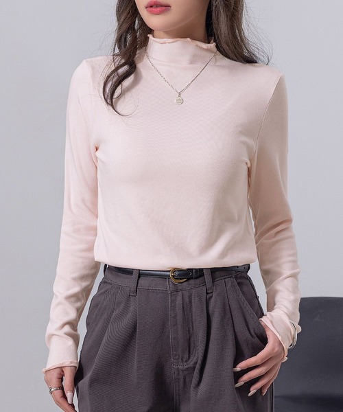 DAY CLOSET（デイ クローゼット）の「【柔らかな肌さわり】長袖 シアー ステッチ×メロウフリル ハイネック リブ トップス rレディース（シャツ/ブラウス・レディース・ブラック/ホワイト/レッド/グレー/ピンク・M/L）」の5枚目の写真