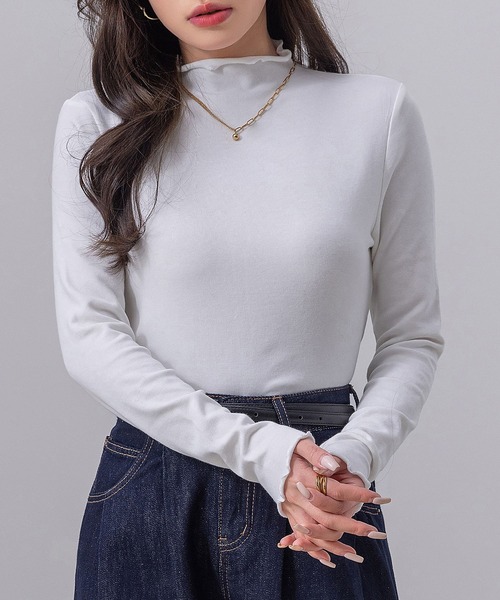 DAY CLOSET（デイ クローゼット）の「【柔らかな肌さわり】長袖 シアー ステッチ×メロウフリル ハイネック リブ トップス rレディース（シャツ/ブラウス・レディース・ブラック/ホワイト/レッド/グレー/ピンク・M/L）」の18枚目の写真