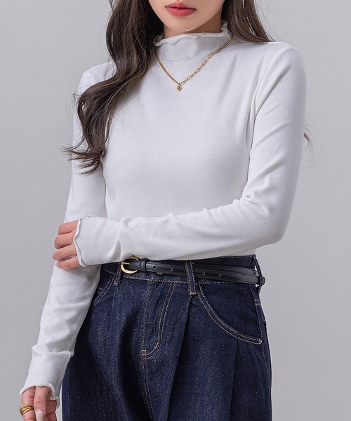 DAY CLOSET（デイ クローゼット）の「【柔らかな肌さわり】長袖 シアー ステッチ×メロウフリル ハイネック リブ トップス rレディース（シャツ/ブラウス・レディース・ブラック/ホワイト/レッド/グレー/ピンク・M/L）」の19枚目の写真