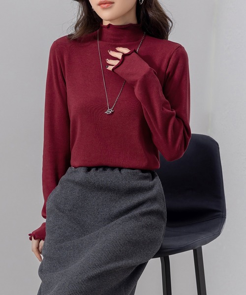 DAY CLOSET（デイ クローゼット）の「【柔らかな肌さわり】長袖 シアー ステッチ×メロウフリル ハイネック リブ トップス rレディース（シャツ/ブラウス・レディース・ブラック/ホワイト/レッド/グレー/ピンク・M/L）」の8枚目の写真