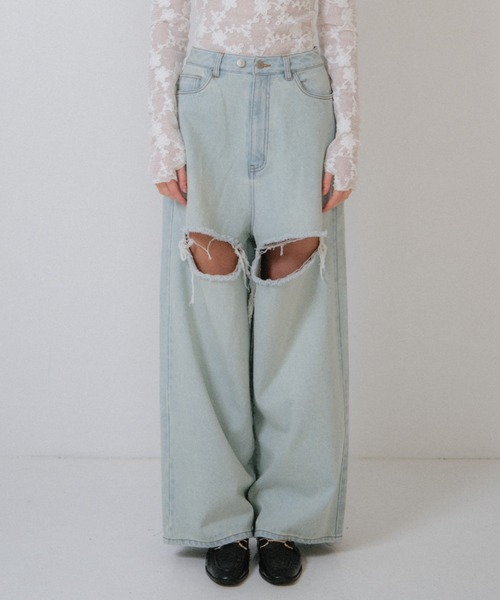パンツ HONEY MI HONEY slash loose denim pants HONEY MI HONEY 】slash loose denim pants