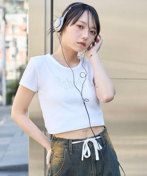 WEGO（ウィゴー）の「WEGO/【25年春夏新作】ラインストーンチビリブT（Tシャツ/カットソー・レディース・ブラック/ホワイト・FREE）」の2枚目の写真