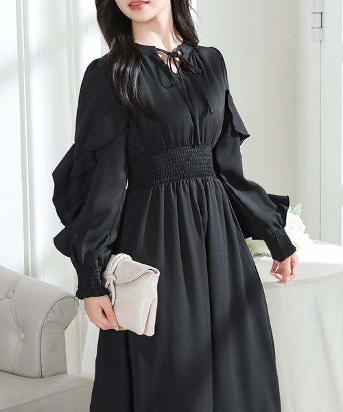 Lace Ladies(レースレディース)の「袖フリル ウエスト シャーリング 長袖 フレア ワンピース(ワンピース・レディース・ブラック/グレー/ピンク/アイボリー・FREE/S)」の2枚目の写真
