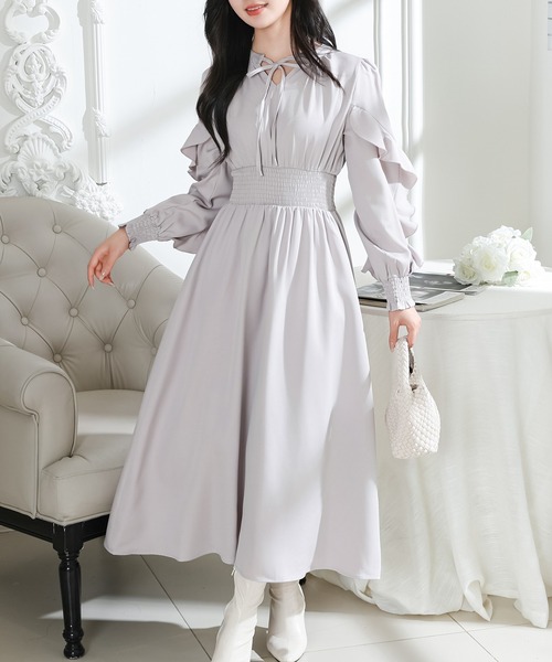 Lace Ladies(レースレディース)の「袖フリル ウエスト シャーリング 長袖 フレア ワンピース(ワンピース・レディース・ブラック/グレー/ピンク/アイボリー・FREE/S)」の10枚目の写真