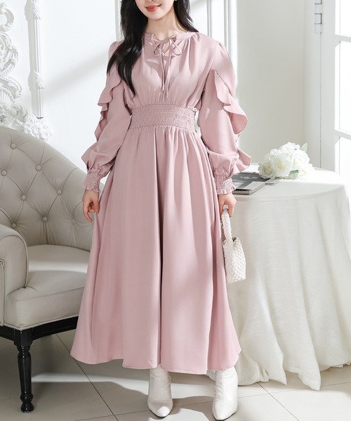 Lace Ladies(レースレディース)の「袖フリル ウエスト シャーリング 長袖 フレア ワンピース(ワンピース・レディース・ブラック/グレー/ピンク/アイボリー・FREE/S)」の5枚目の写真