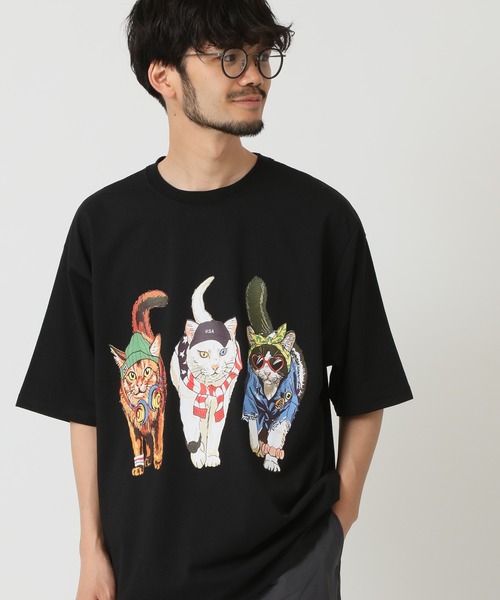 CORISCO（コリスコ）の「度詰め天竺 アニマル前後 プリント 半袖Tシャツ 犬 猫 ドッグ キャット（Tシャツ/カットソー・メンズ・ブラック系1/オートミール/ホワイト系/ブラック系2・M/L/LL）」の9枚目の写真
