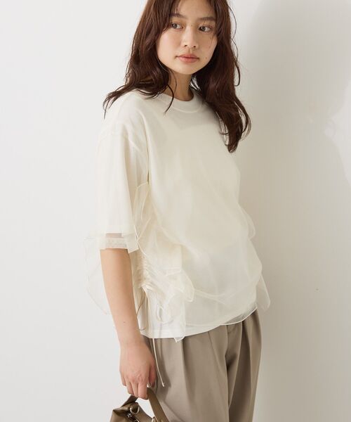 AMERICAN HOLIC(アメリカンホリック)の「チュールレイヤードドロストトップス(Tシャツ/カットソー・レディース・オフホワイト/ブラック/チャコールグレー・L/M)」の2枚目の写真