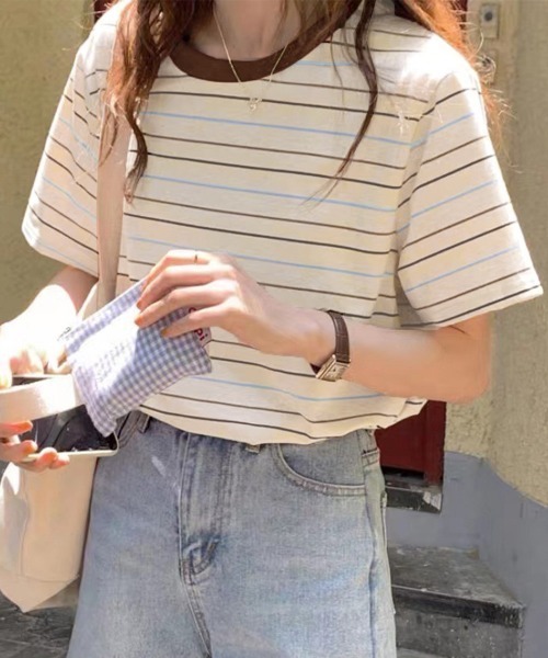 Miniministore(ミニミニストア)の「マルチボーダーTシャツ 半袖カットソー夏(Tシャツ/カットソー・レディース・ベージュ/グリーン・FREE)」の1枚目の写真