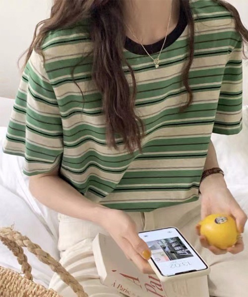 Miniministore(ミニミニストア)の「マルチボーダーTシャツ 半袖カットソー夏(Tシャツ/カットソー・レディース・ベージュ/グリーン・FREE)」の2枚目の写真