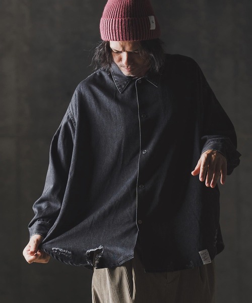 GLIMCLAP(グリムクラップ)の「ms6161-Ripped denim shirt デニムシャツ(シャツ/ブラウス・メンズ・インディゴブルー/ブラック・S/M/L)」の1枚目の写真