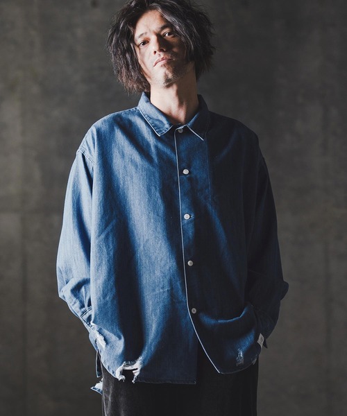 GLIMCLAP(グリムクラップ)の「ms6161-Ripped denim shirt デニムシャツ(シャツ/ブラウス・メンズ・インディゴブルー/ブラック・S/M/L)」の3枚目の写真