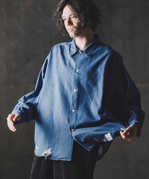 GLIMCLAP(グリムクラップ)の「ms6161-Ripped denim shirt デニムシャツ(シャツ/ブラウス・メンズ・インディゴブルー/ブラック・S/M/L)」の4枚目の写真