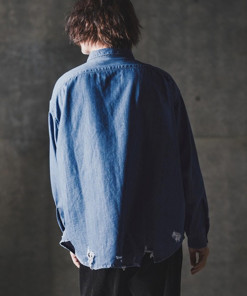 GLIMCLAP(グリムクラップ)の「ms6161-Ripped denim shirt デニムシャツ(シャツ/ブラウス・メンズ・インディゴブルー/ブラック・S/M/L)」の6枚目の写真