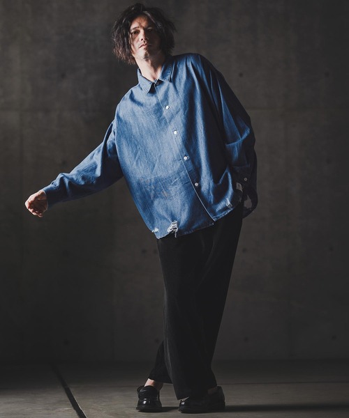 GLIMCLAP(グリムクラップ)の「ms6161-Ripped denim shirt デニムシャツ(シャツ/ブラウス・メンズ・インディゴブルー/ブラック・S/M/L)」の8枚目の写真