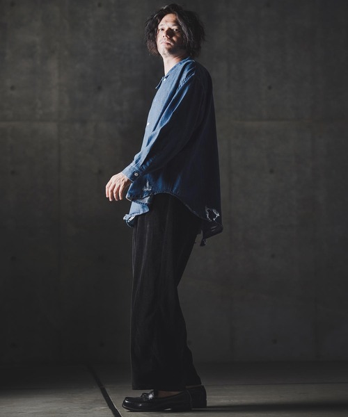 GLIMCLAP(グリムクラップ)の「ms6161-Ripped denim shirt デニムシャツ(シャツ/ブラウス・メンズ・インディゴブルー/ブラック・S/M/L)」の9枚目の写真